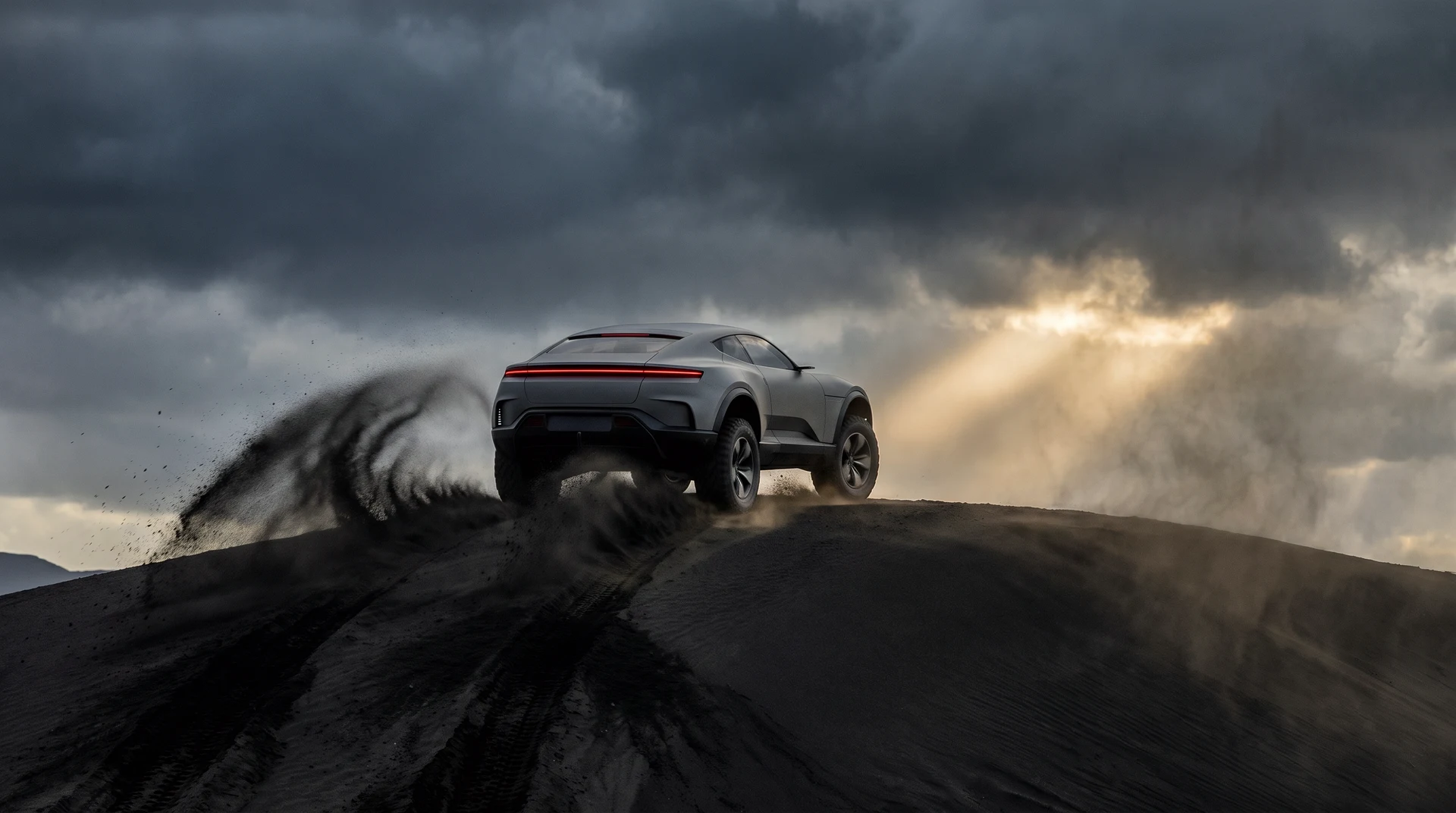 The BREKKA cresting a dune at distance, twin roosts of black ash arcing off its rear tyres against the storm sky.