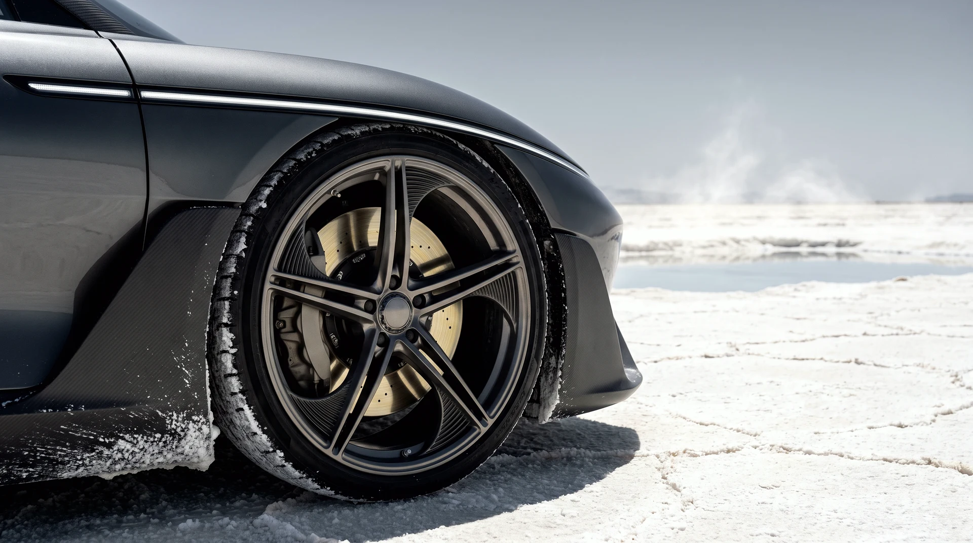 Close view of the MONOLIT's front wheel and carbon-ceramic brake, salt crystals on the lower cladding.