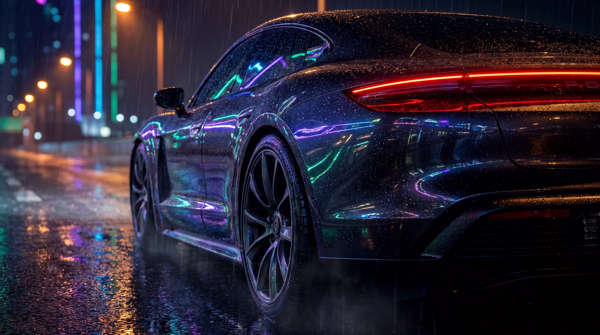 The NOKT's graphite rear haunch in the rain: water beading on the paint, the tail light line glowing, neon rolling over the shoulder.