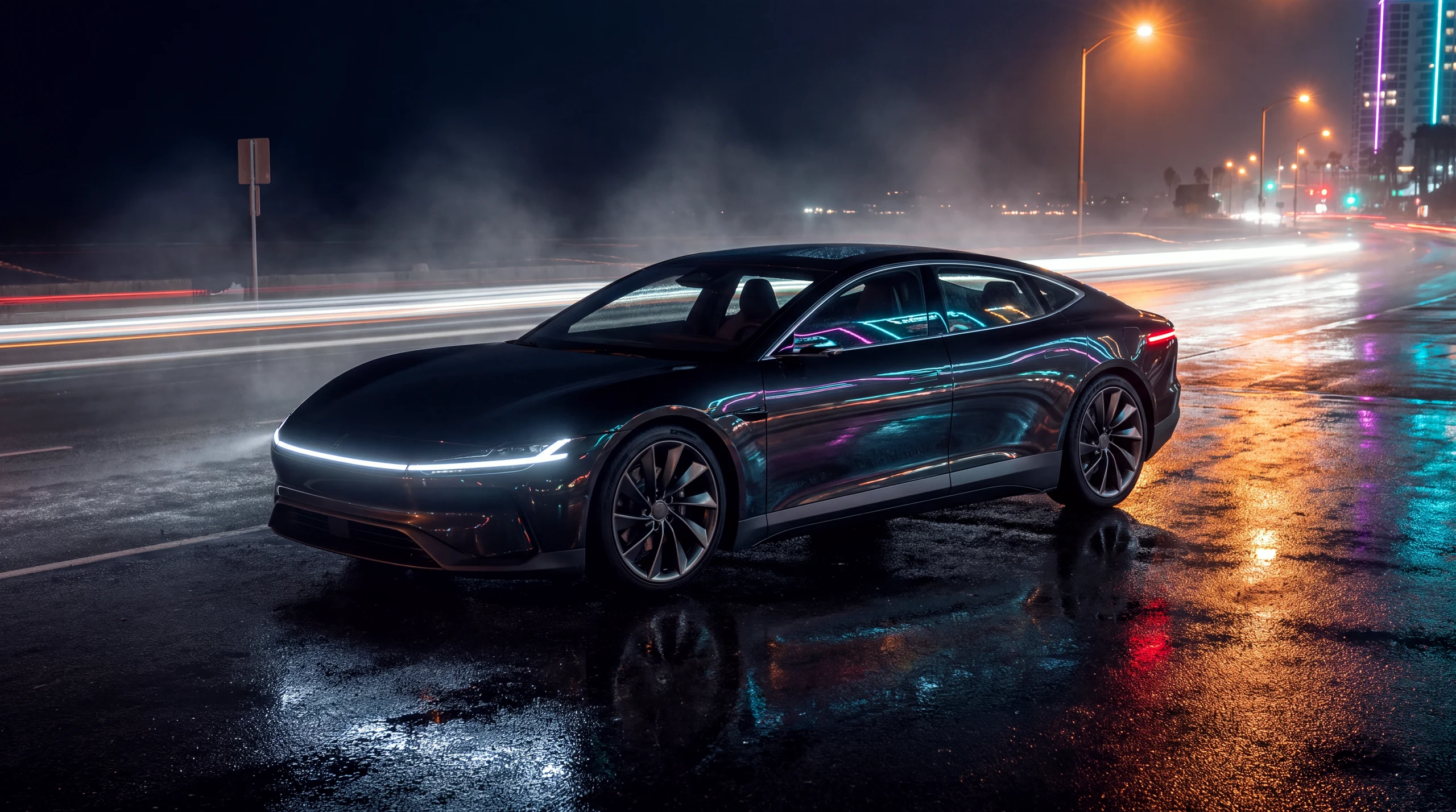 The G3 NOKT on the wet coastal highway at night: a long graphite-black fastback grand tourer, nose light-blade glowing, city neon smeared in the soaked asphalt.