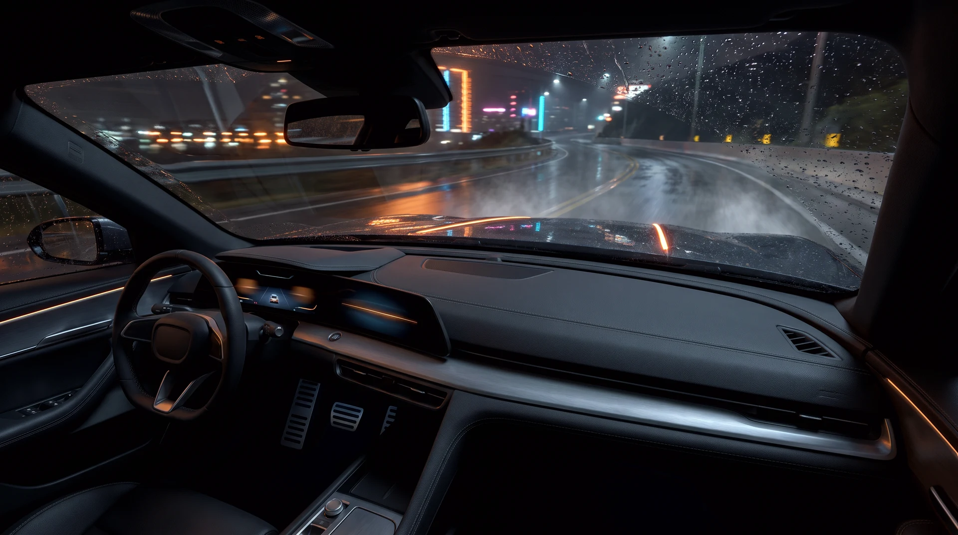 The NOKT's driver-focused cockpit at night: charcoal leather, machined aluminium, one slim glowing instrument blade, neon through the glass.
