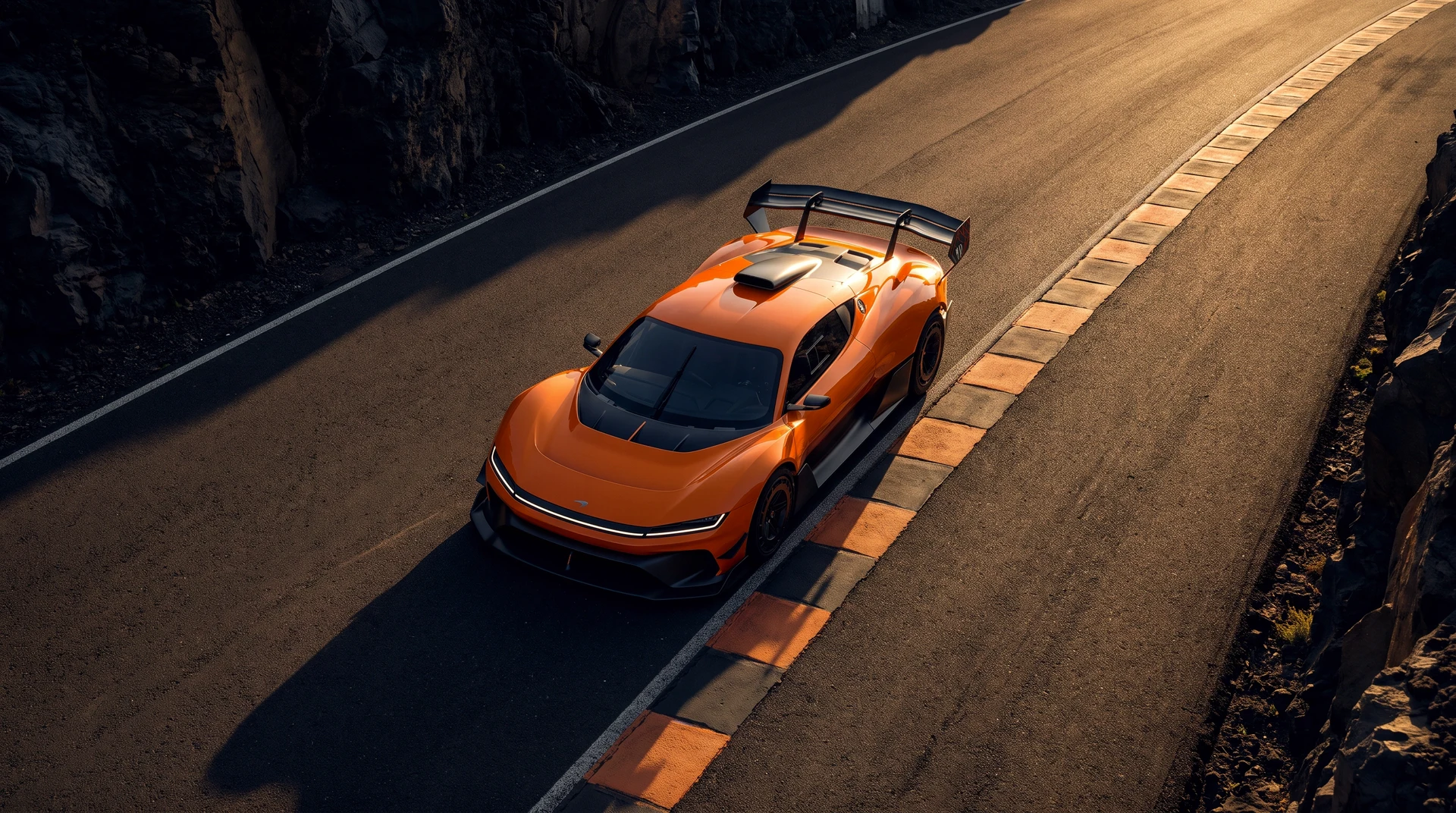Top-down view of the SERRA on the circuit, its aero surfaces reading like an airframe, a painted kerb crossing beneath.