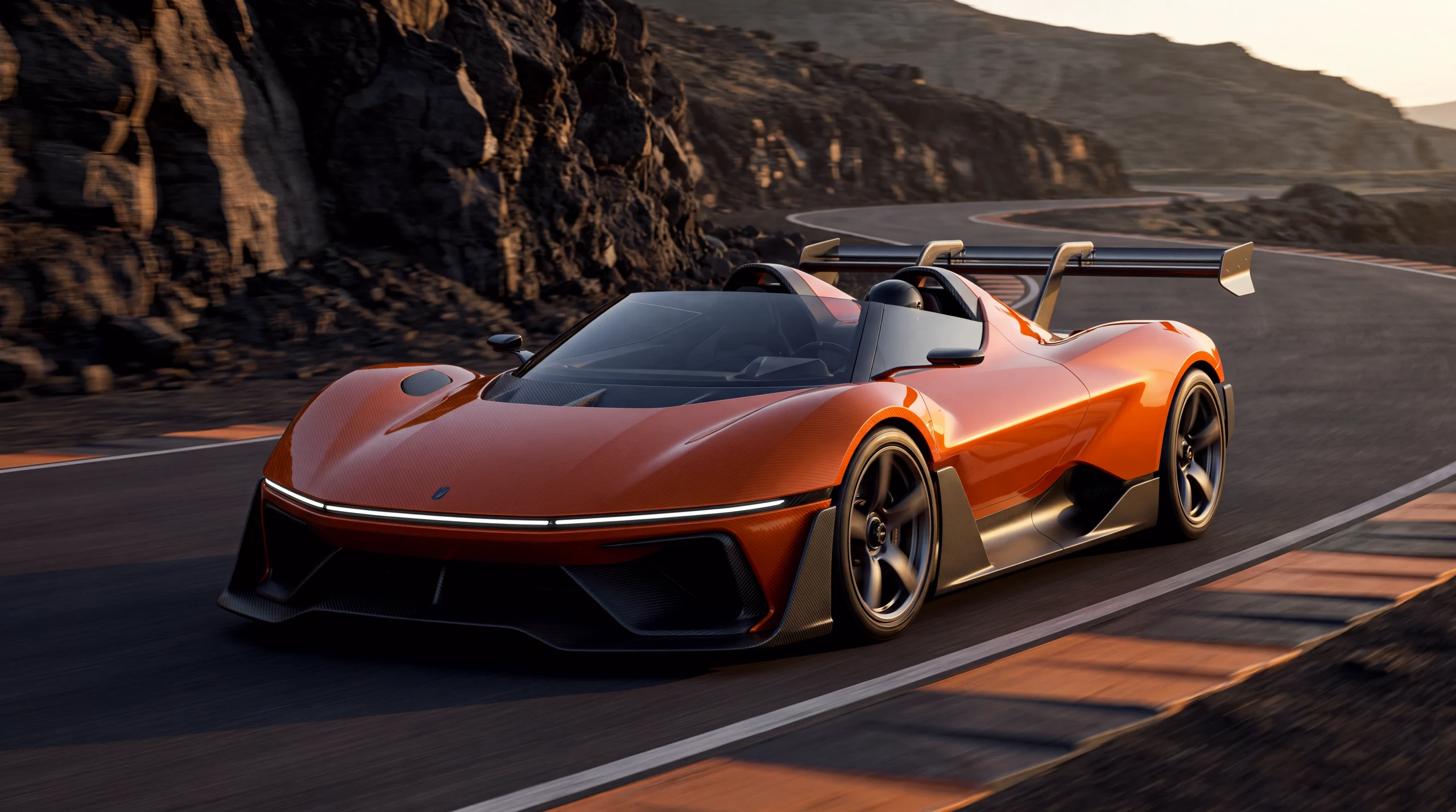 The R2 SERRA exiting an apex on the basalt ring: a signal-orange open-cockpit track car with a towering swan-neck rear wing, evening light raking the kerbs.