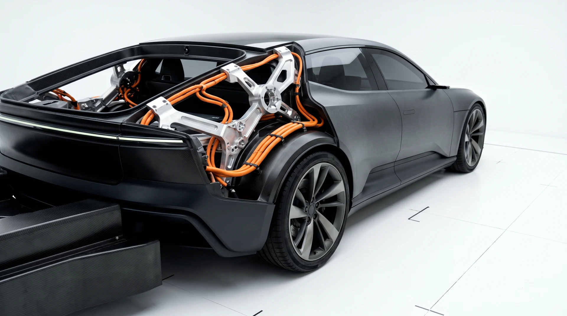 Inside the VARDE's exposed rear chassis: machined aluminium nodes, orange high-voltage cabling routed like arteries, the carbon tub's edge.