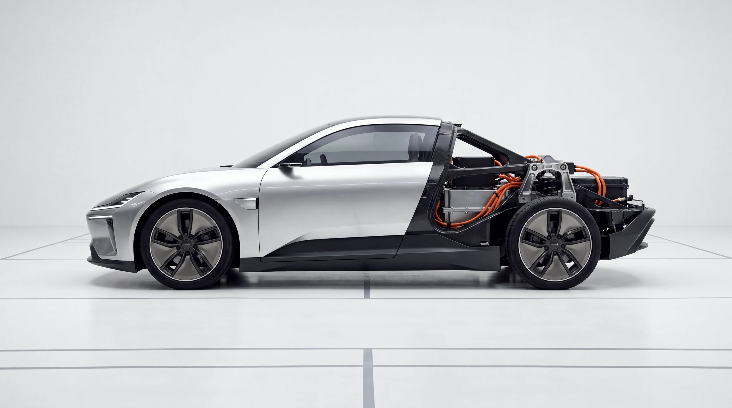 The E0 VARDE in the white studio, seen in profile: the front half finished in silver bodywork, the rear half stripped to its chassis — battery structure, orange high-voltage lines, machined towers.