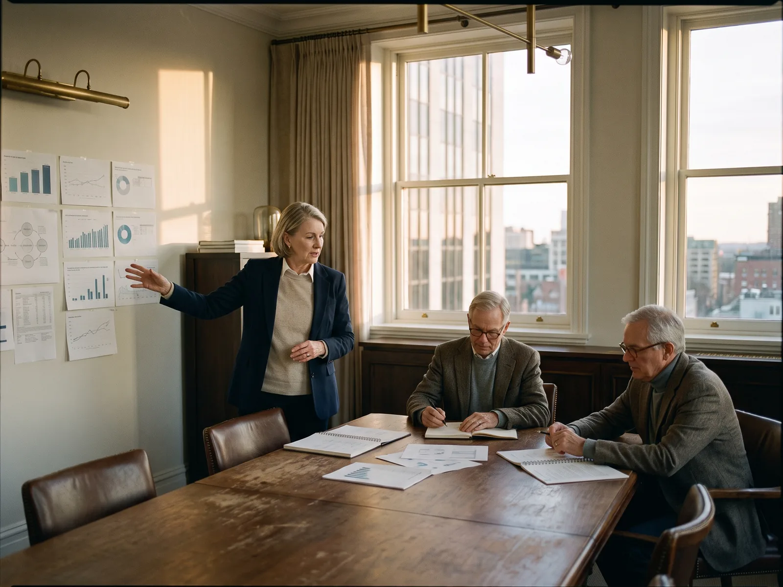 Three Meridian advisers mid-discussion around a table, printed charts pinned to the wall behind them.