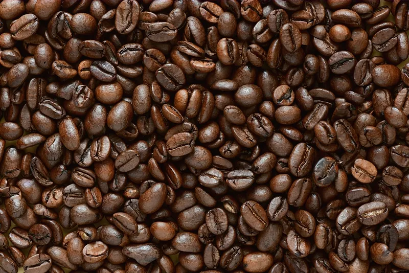 Close-up of glossy dark-roasted coffee beans filling the frame.