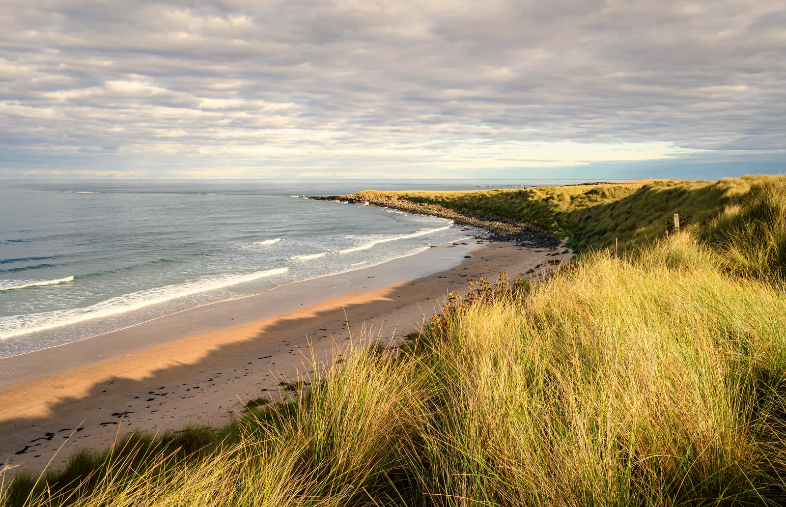 The bay at low water, grass-topped dunes above a curved sweep of wet sand.