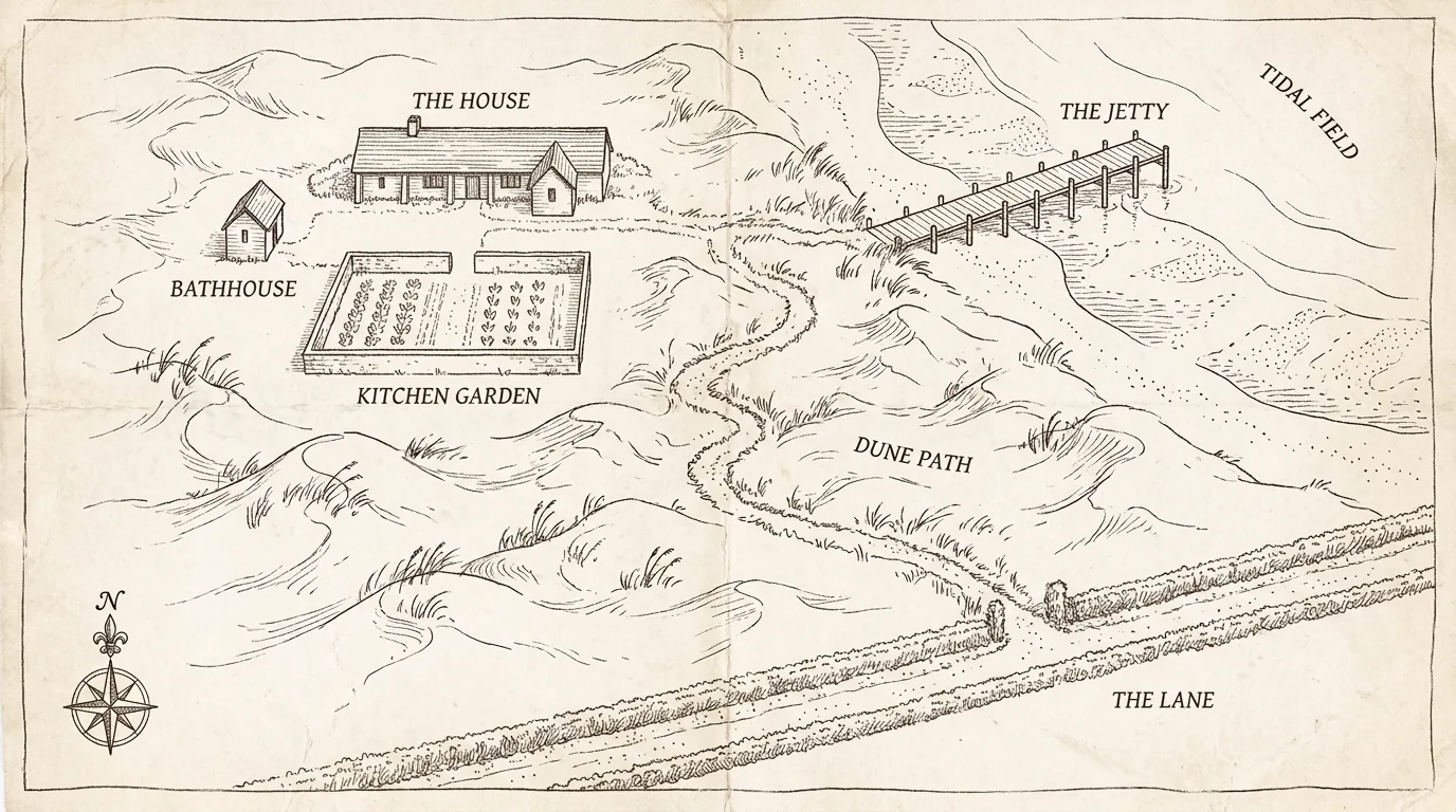 A hand-drawn ink map of the property: the house and bathhouse by a kitchen garden, a dune path winding to a jetty on the tidal field, the lane along the bottom.
