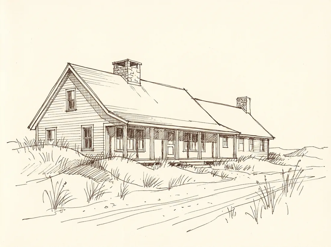 An ink sketch of the long, low shore house seen from the sandy lane, dune grass in the foreground.