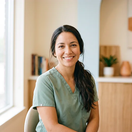 Dr. Maya Delgado, partner dentist, in sage-green scrubs in the bright cream-and-oak clinic.