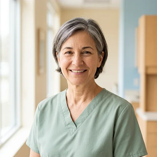 Dr. Rosa Delgado, the practice&rsquo;s founding dentist, in sage-green scrubs in the bright cream-and-oak clinic.