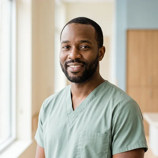 Sam Okonkwo, lead hygienist, in sage-green scrubs in the bright cream-and-oak clinic.