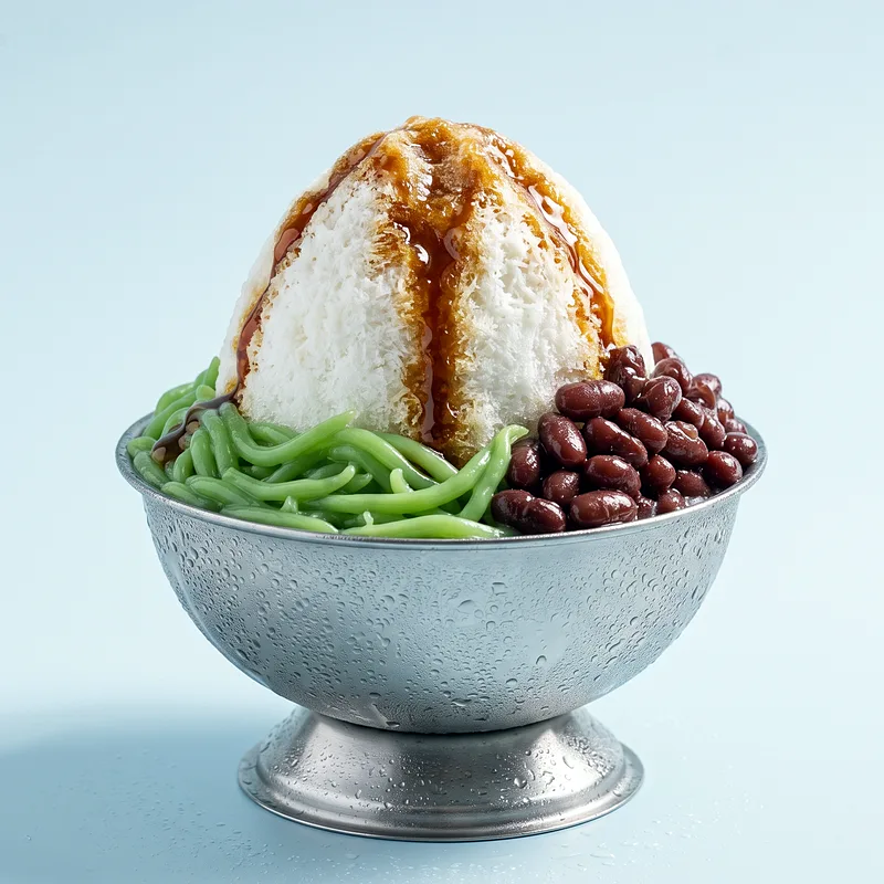 Chendol Glacier: white coconut snow with green pandan chendol, red beans and gula melaka.
