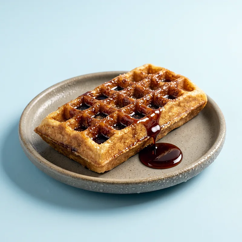 Gula Butter Waffle: a crisp golden waffle strip brushed with dark palm-sugar butter glaze, glaze dripping from one corner.