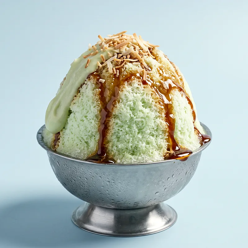 Gunung Pandan: a tall dome of pale green pandan milk-snow with dark gula melaka syrup running down its slopes.