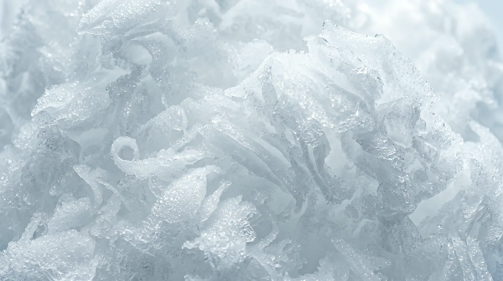 An extreme close-up of snow-fine shaved ice, thin translucent ribbons and sparkling crystals filling the frame.