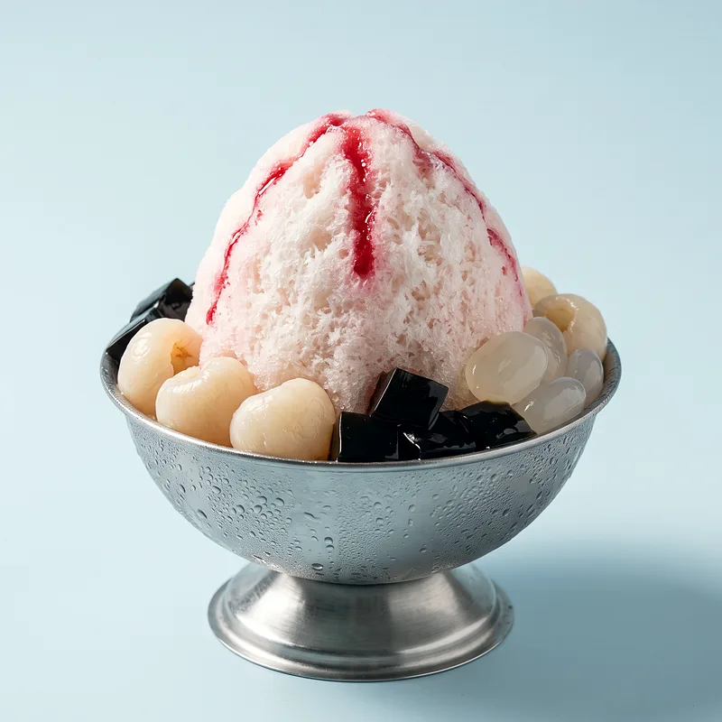 Lychee Kacang: blush-white lychee snow with whole lychees, grass jelly and ruby syrup.