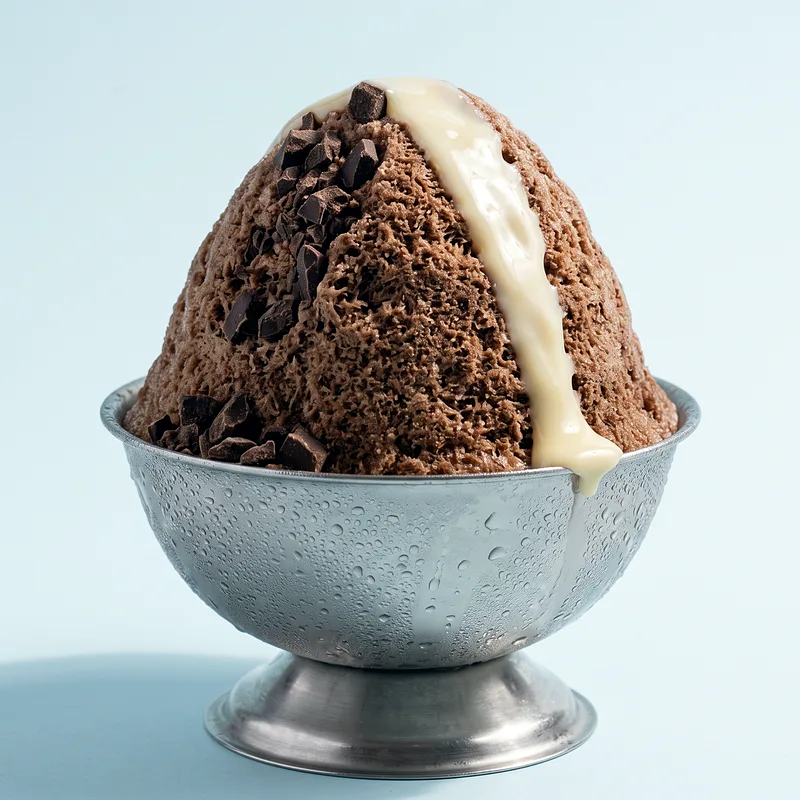 Malt Avalanche: a dome of deep cocoa-brown malt snow with chocolate rubble and condensed milk poured over the summit.