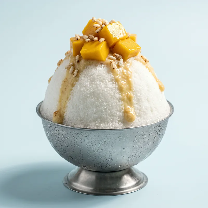 Mango Sticky Peak: white coconut snow stacked with cubes of golden mango and salted coconut caramel.