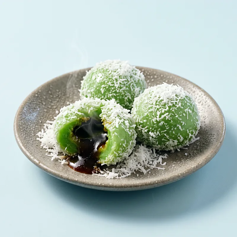 Ondeh Trio: three pandan-green mochi rolled in grated coconut, one broken open with palm sugar flowing out.