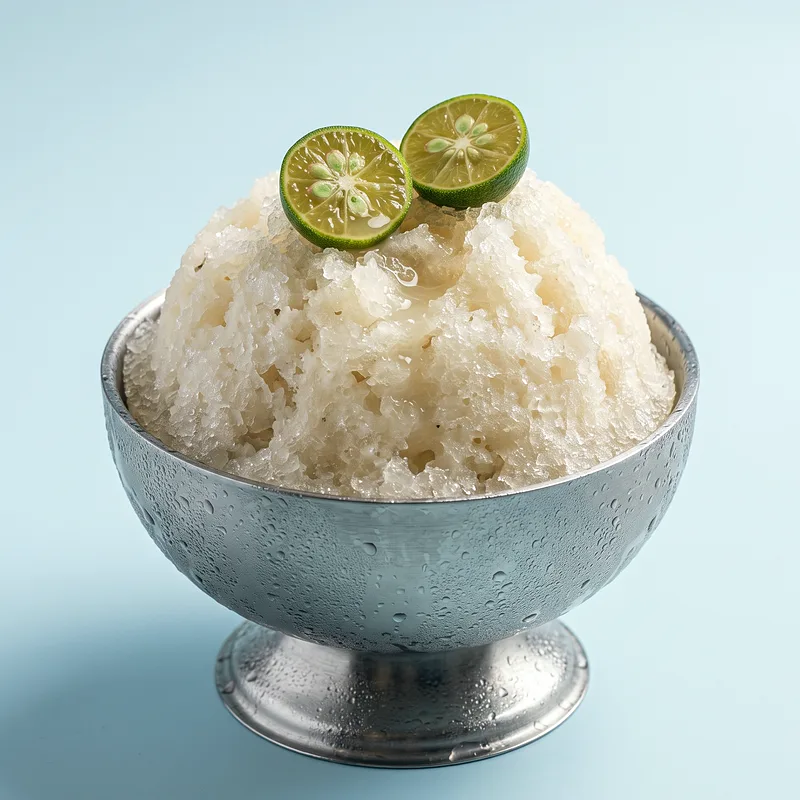 Soursop Squall: pale ivory soursop granita with calamansi halves on the peak.