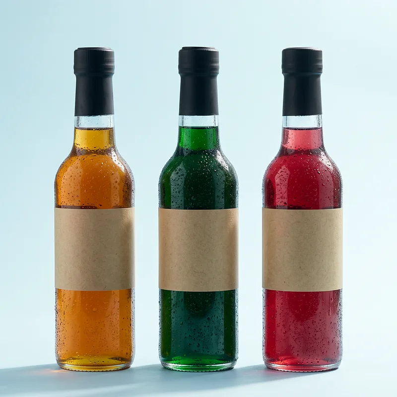 Three tall glass bottles of syrup — amber, green and rose-red — beaded with condensation.
