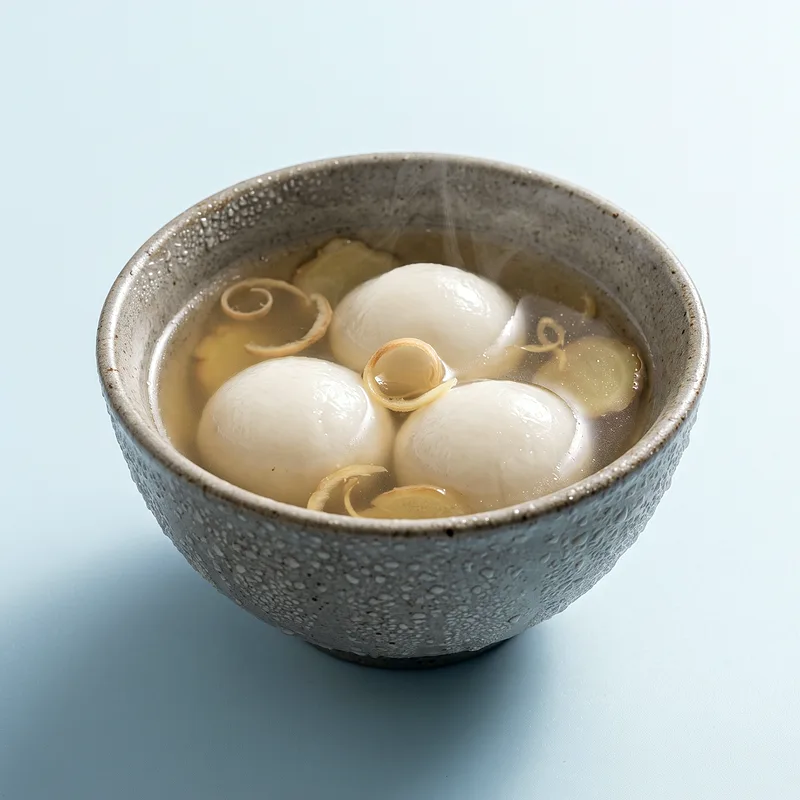 Ginger Tang Yuan: three white rice balls floating in clear amber ginger soup with curls of young ginger.