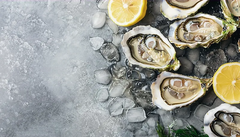 Opened oysters and halved lemons resting on crushed ice over grey stone.