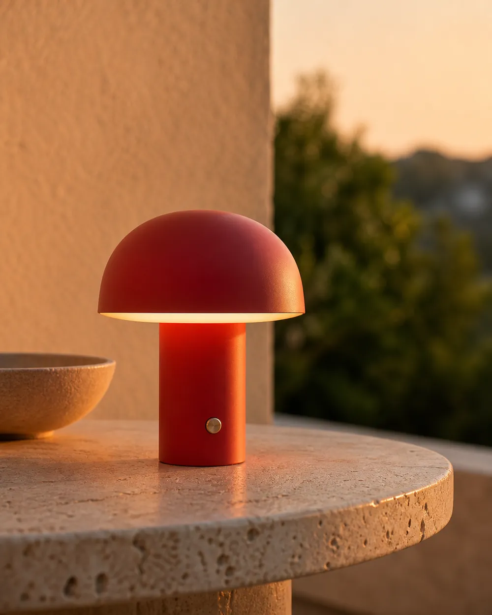 Cherry red Dot Portable lamp at golden hour