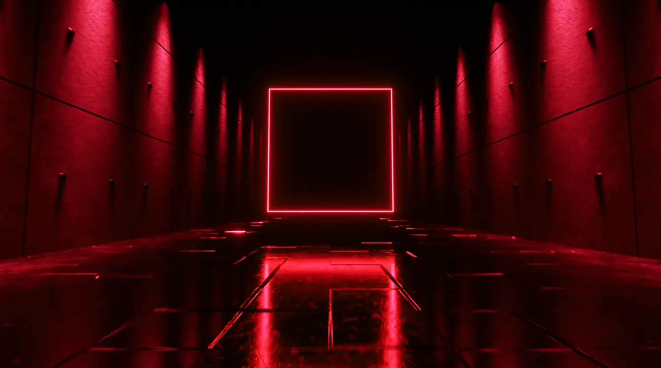 A dark corridor lit with coloured neon tubes, evoking the venue's lighting.