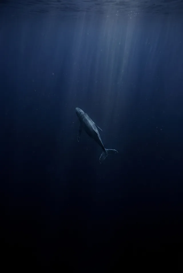 MIDWATER one-sheet poster: a lone humpback whale descending into dark water under thin rays of light