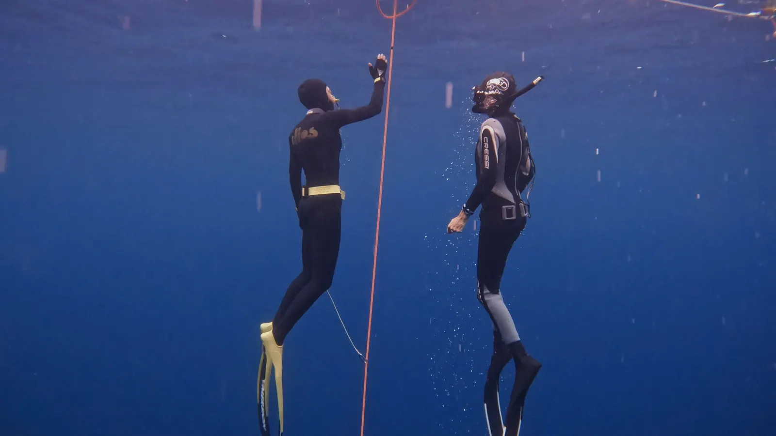 Two freedivers on a dive line in blue water