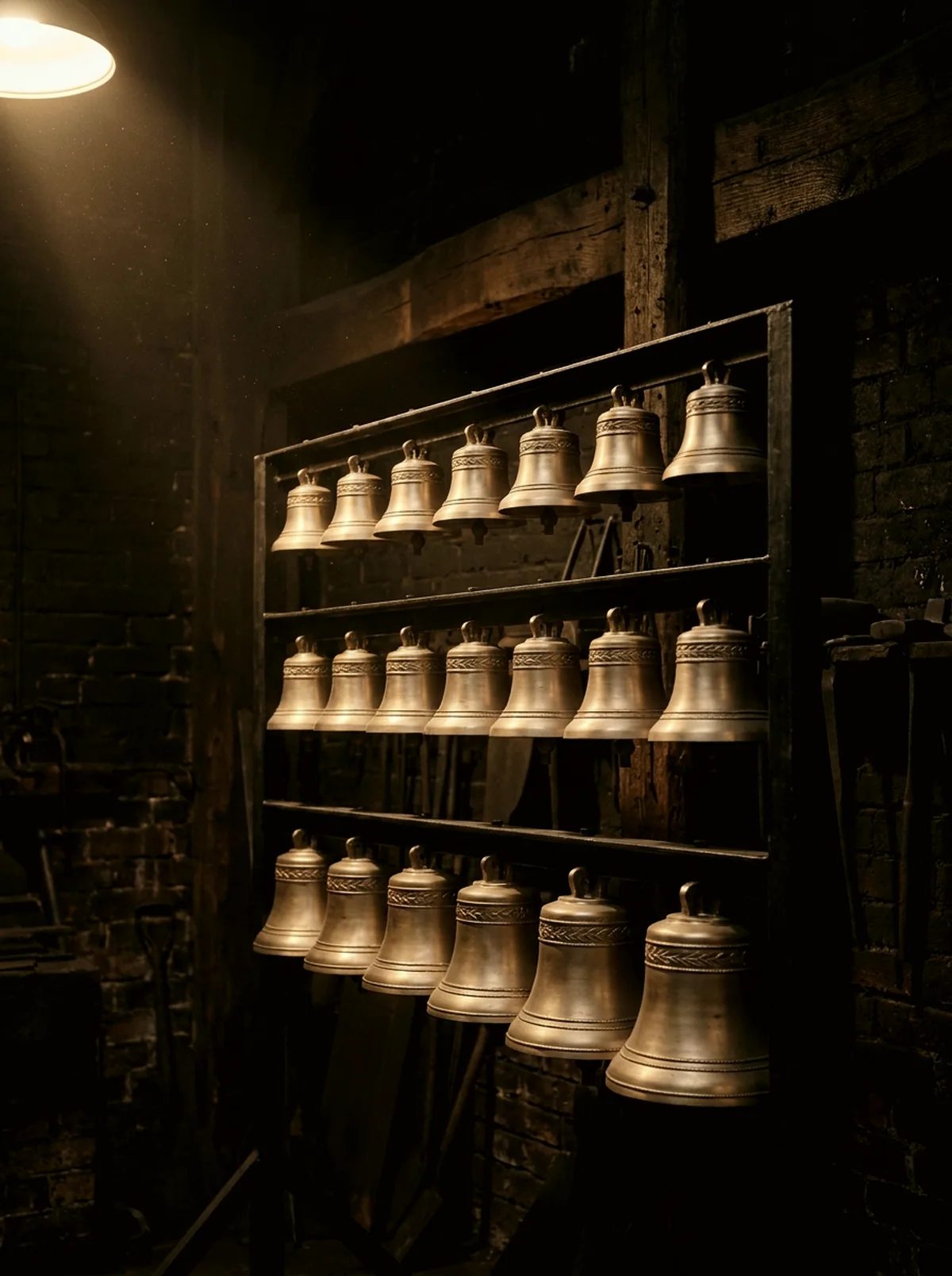 Rows of small carillon bells in descending size hanging in a dark steel frame.