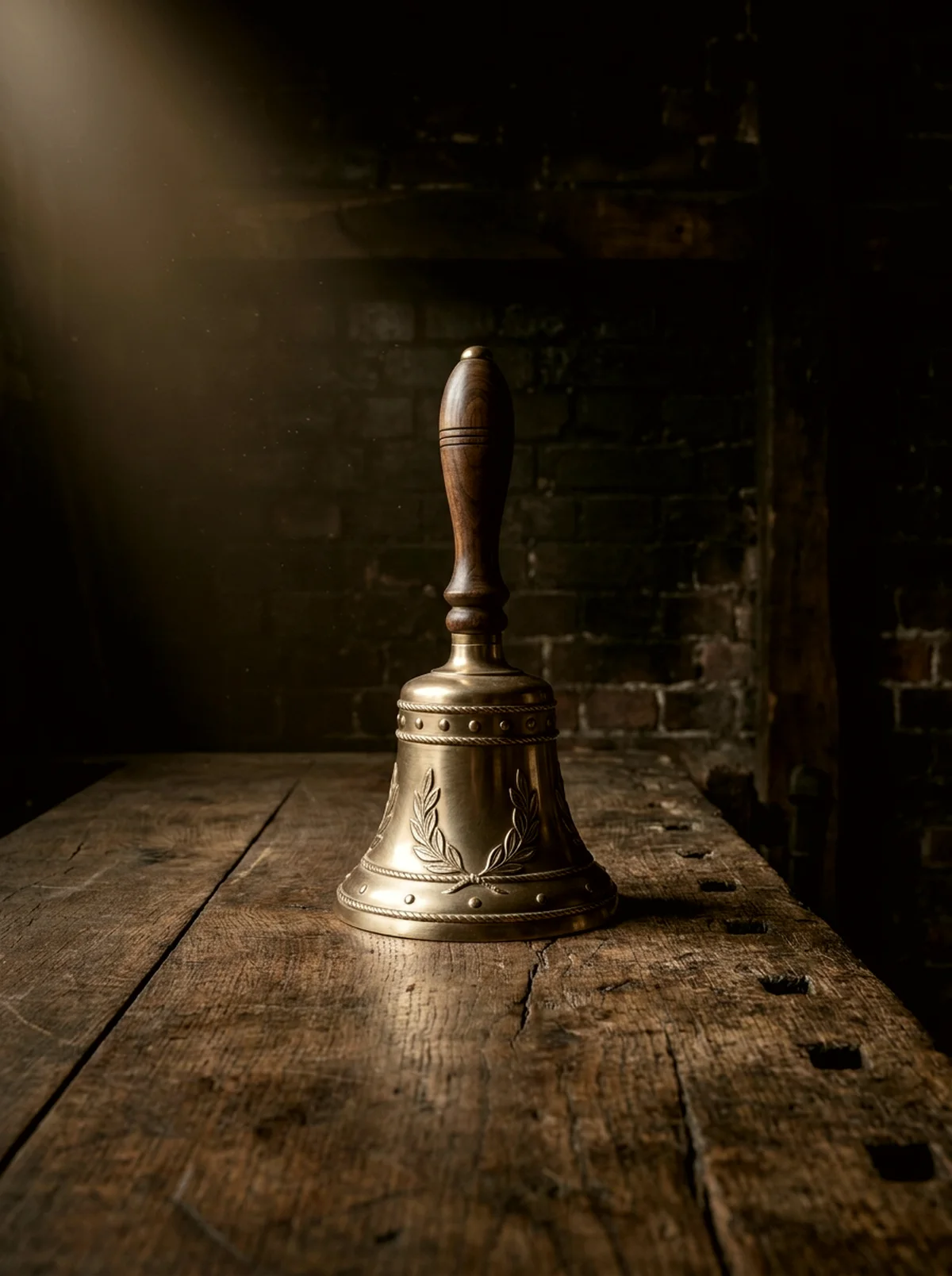 A small polished handbell with a turned walnut handle standing on a scarred oak workbench.