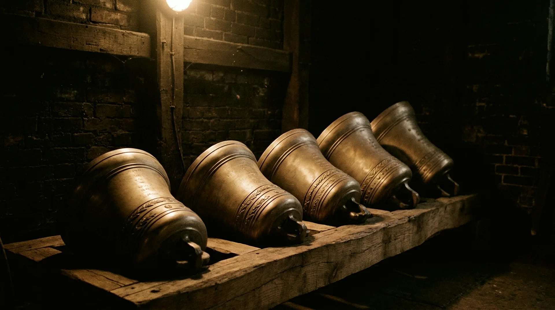 Five bells of descending size resting mouth-down on an oak cradle in the foundry, receding into darkness.