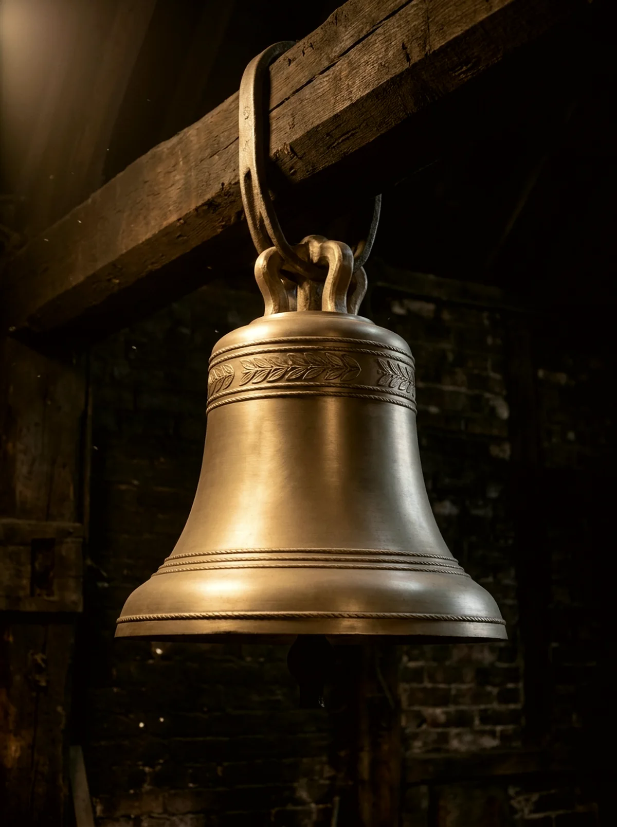 The finished tenor bell in profile, hanging from an oak beam, bronze soundbow catching the light.