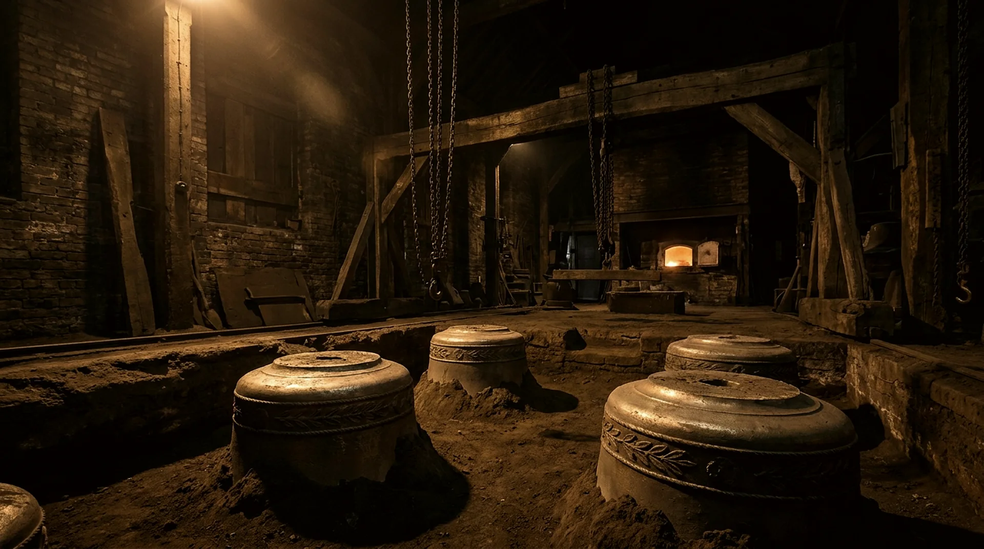 The foundry floor at dusk: bell moulds buried to their shoulders in the casting pit, chains and a gantry overhead, a furnace glowing at the far end.
