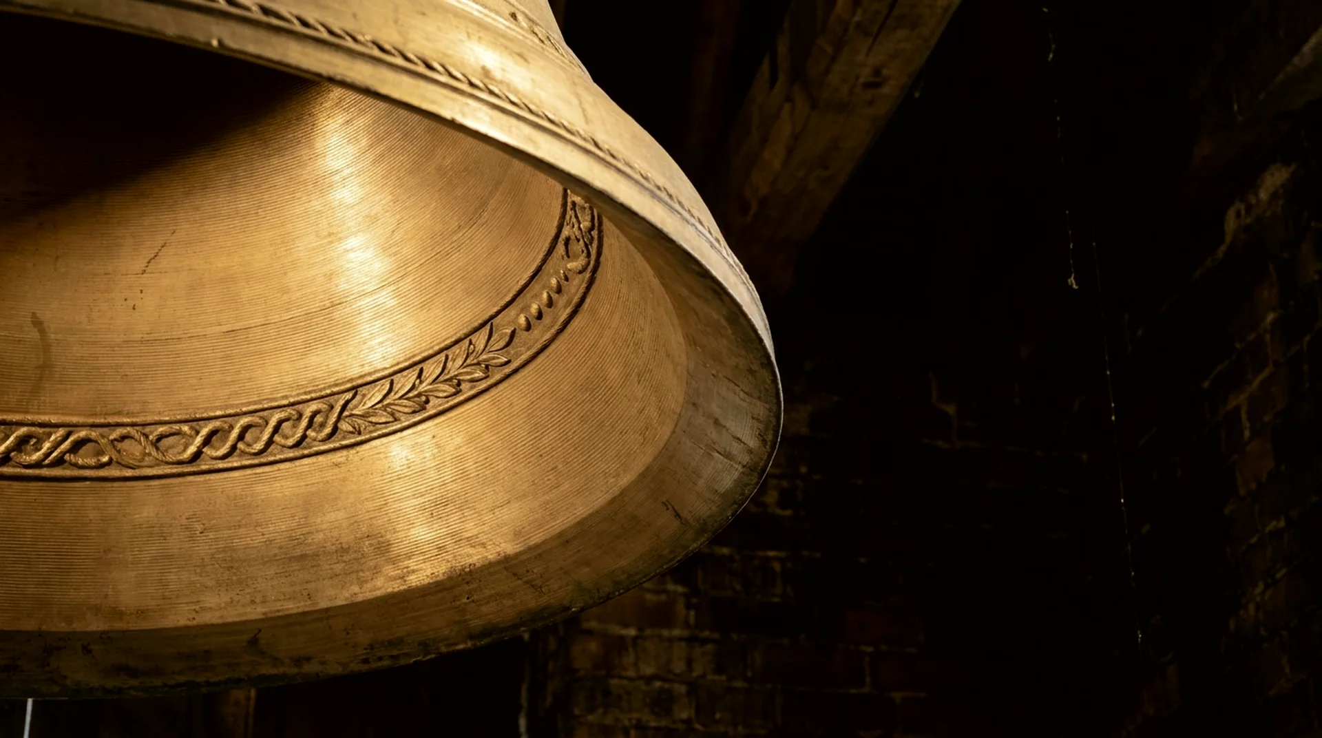 The soundbow and lip of a bell seen from below, lathe-finished rings catching the light.