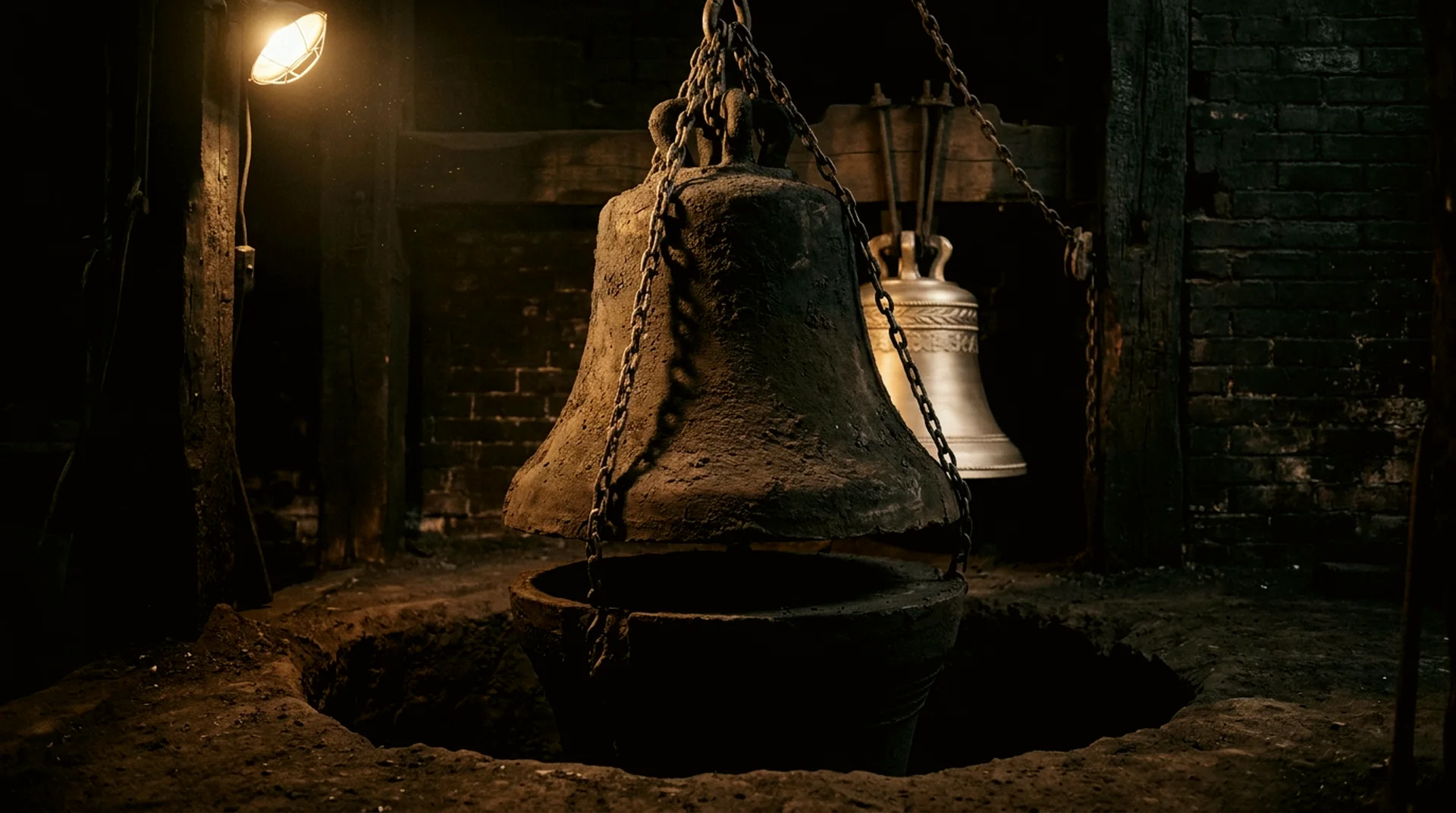 A dark loam cope, bound in chains, hangs from a hoist above the open casting pit in the foundry gloom.