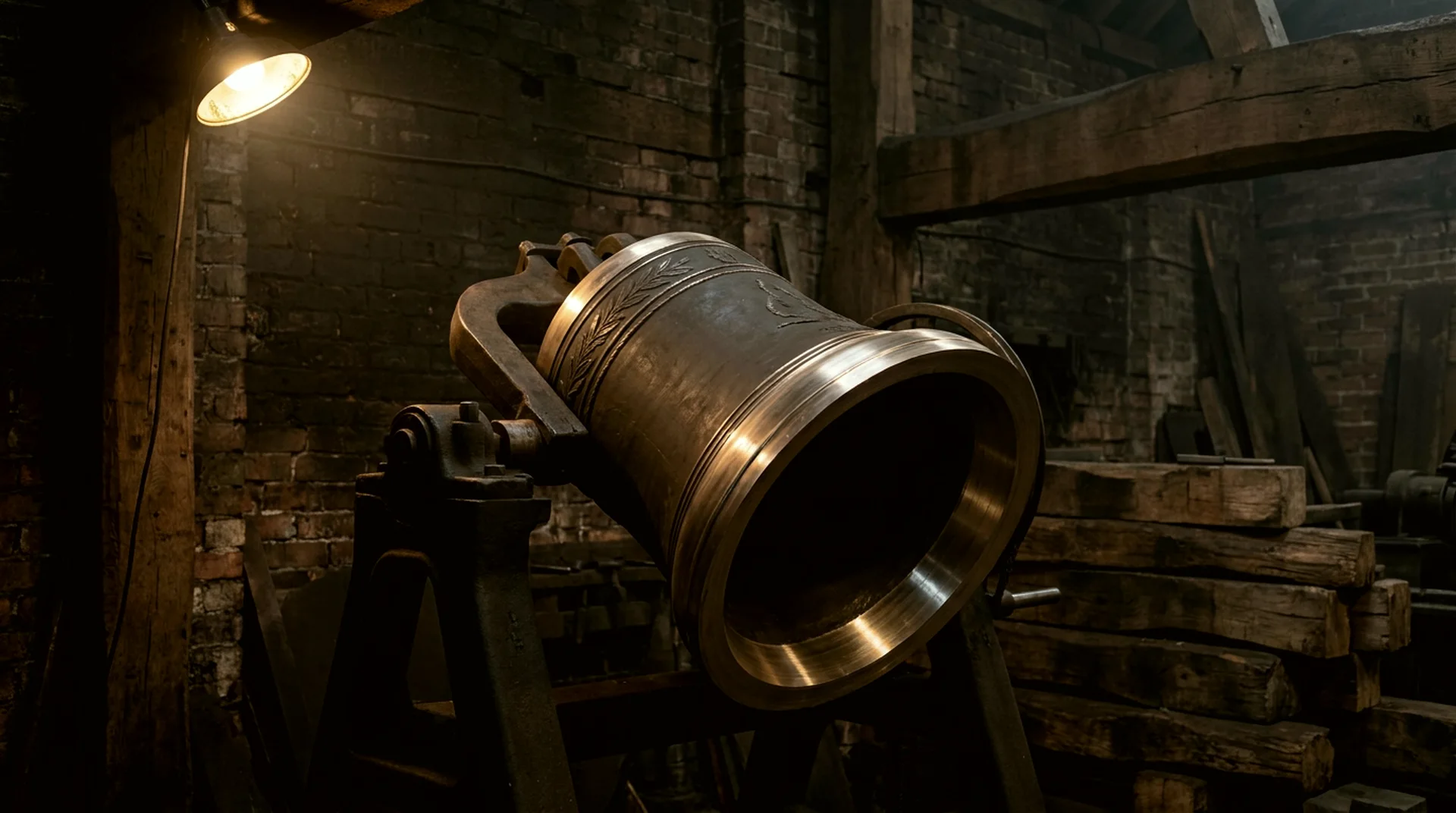 A bronze bell mounted on the heavy vertical tuning lathe, freshly cut rings bright inside its mouth.