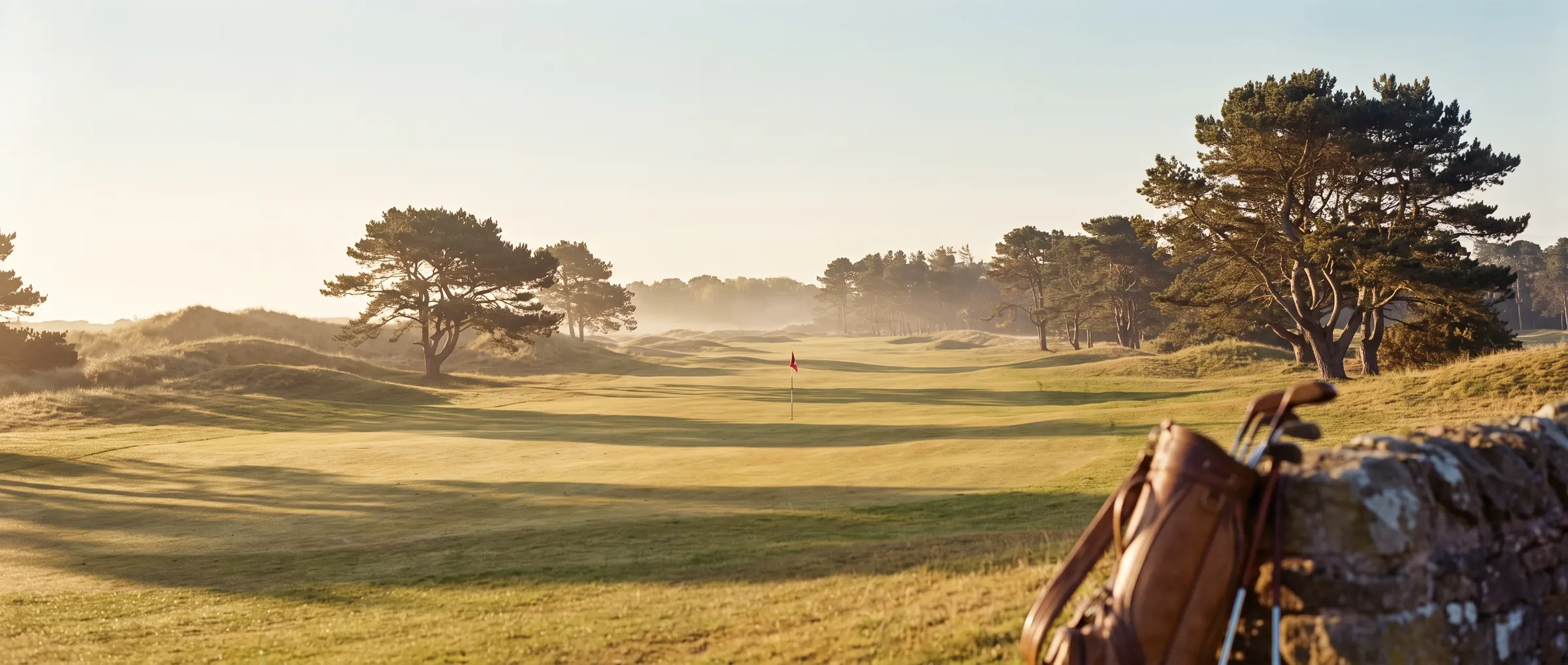 The first fairway in warm morning sun, a leather bag resting against the old stone wall, long soft shadows on the grass.