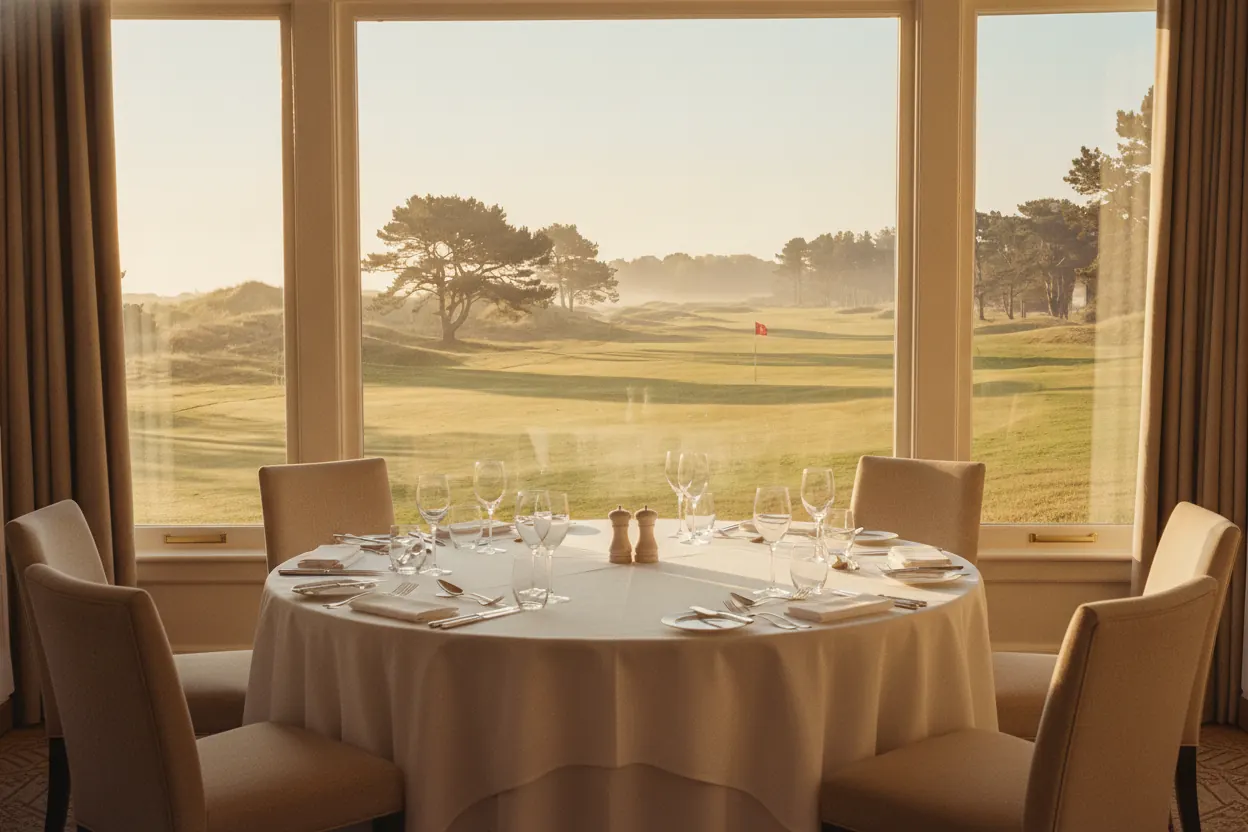 A round table dressed in ivory linen by the window of the private dining room, the sunlit course and a red flag beyond.