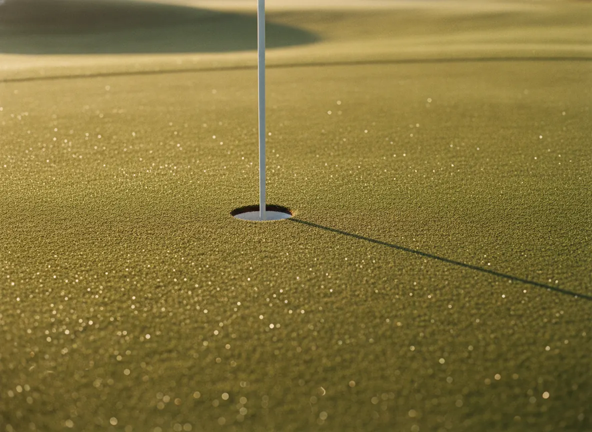 The ninth green in low golden light, dew sparkling around the hole and flagstick.