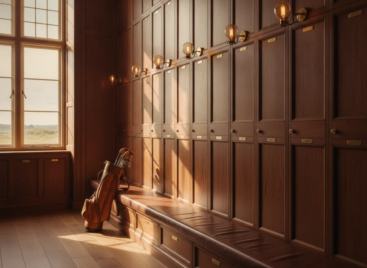 Walnut lockers with brass nameplates glowing in window sun, a leather bench, one bag of clubs resting against the panelling.