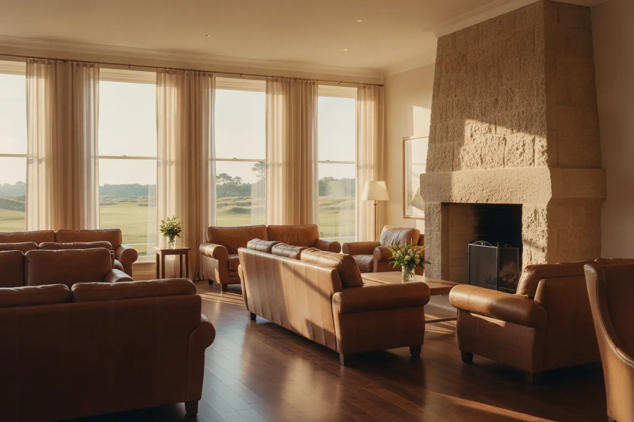 The morning lounge: honey leather armchairs by a limestone fireplace, sunlight pouring in over the course beyond tall windows.