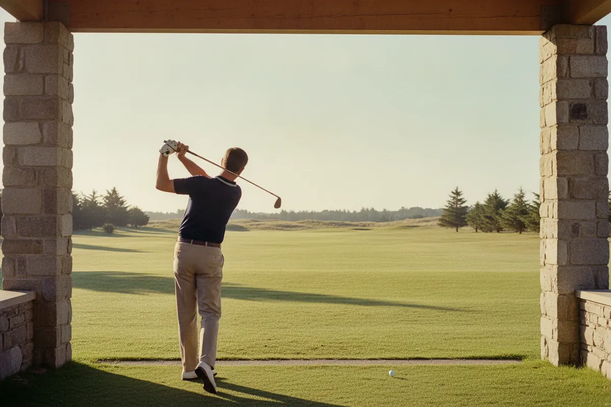 A stone-and-timber practice bay, a golfer holding his finish against the sunlit range.