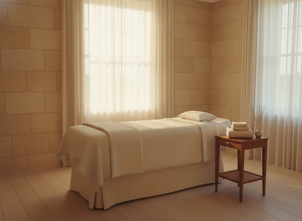 A treatment room in warm limestone: a massage table in ivory linen, oat towels on a walnut side table, sun through sheer curtains.