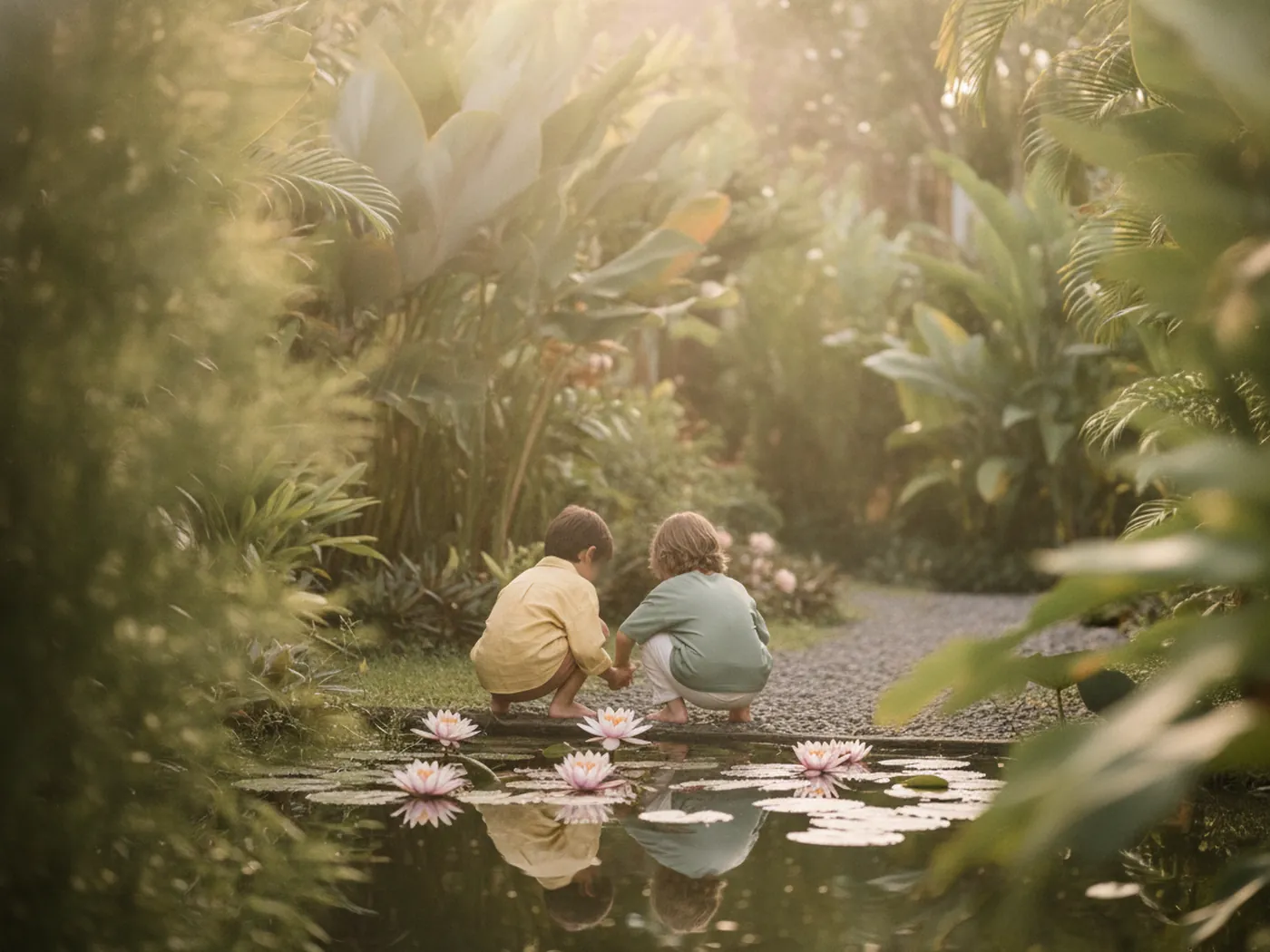 The two children crouch at the edge of a pond among large tropical leaves, small in a wide sunlit frame.