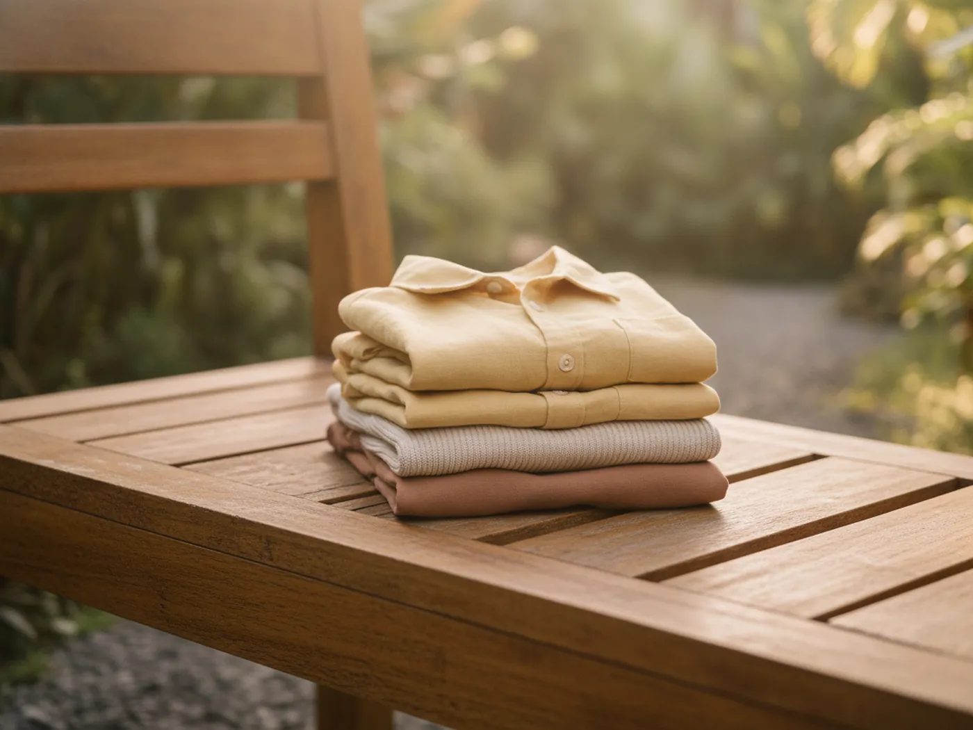 A neat stack of folded children's clothing in sage, butter, oat and clay on a wooden bench in garden light.
